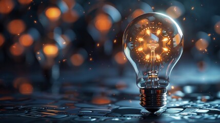 Wall Mural - Creativity and Design: A 3D vector illustration of a lightbulb with gears and a computer chip inside