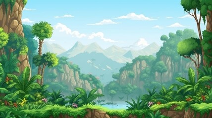 Wall Mural - tranquil cartoon forest with a pond and mountains, full of lush greenery and diverse flora