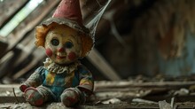 A Creepy Clown Doll Is Sitting On A Wooden Floor