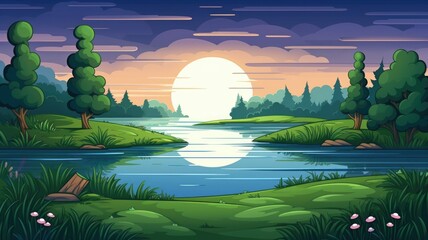 Wall Mural - Cartoon nature landscape tranquil sunset over a serene lake, framed by lush greenery and vibrant blooms