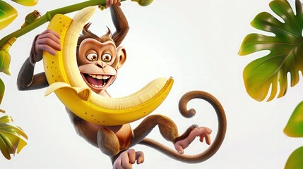 Wall Mural - happy cute monkey with big banana in tree branch isolated on white background 