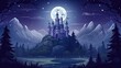 cartoon Fairy tale castle in mountains at night. V