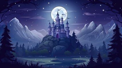 Wall Mural - cartoon Fairy tale castle in mountains at night. V