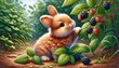 A curious, fluffy bunny explores a lush garden, reaching for ripe berries among the vibrant greenery, evoking the innocence of nature's bounty.