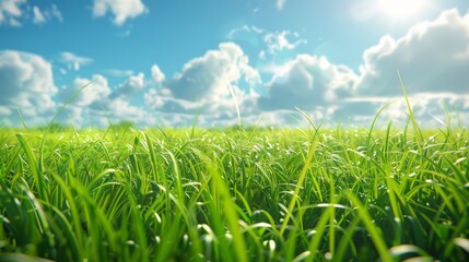 A lush meadow with dew-speckled grass under a sunny sky with fluffy clouds.