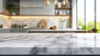 Marble table top on blurred modern kitchen background. mock up for montage products display or design layout