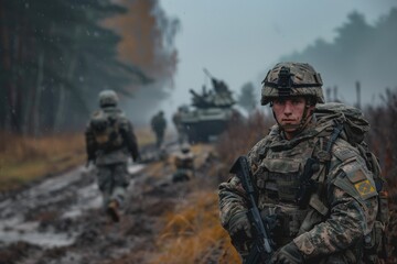 Troop in tactical gear advancing past a tank, exemplifying coordination and determination in training