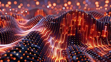 Digital data stream background with binary code and glowing lights