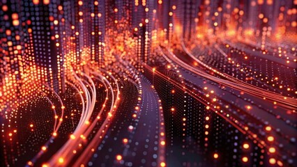 Digital data stream background with binary code and glowing lights