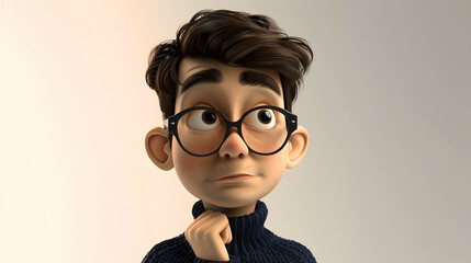 Think question doubt cartoon character young adult man in dark sweater person boy portrait in 3d style design on light background. Human people feelings expression concept