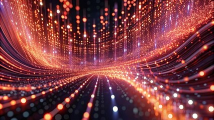 Digital data stream background with binary code and glowing lights