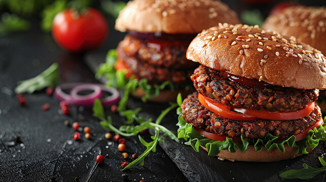 Satisfying Vegetarian Delights: Appetizing Product Photography of Lentil Patty Vegetarian Burgers on Stone Plates