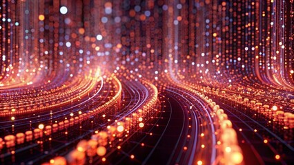 Digital data stream background with binary code and glowing lights