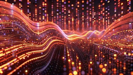 Digital data stream background with binary code and glowing lights