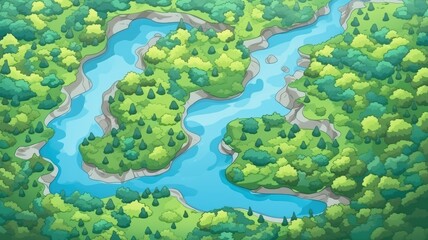 Wall Mural - Nature Cartoon Background: Lush Forest Landscape with River