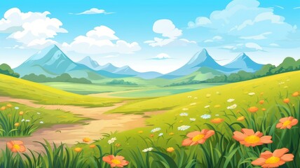 Wall Mural - Serene Nature Landscape: Vibrant Cartoon Scenery with Mountains and Flowers