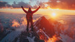 © Ellionn - Successful man stand top of alps mountain. Fun adventure. Hiker achieve high rock peak. Travel success freedom motivation concept. Tourist climber go hike enjoy view. Backpacker explore epic journey.