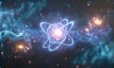 abstract background with glowing atom symbol on dark blue space, futuristic illustration of atomic e