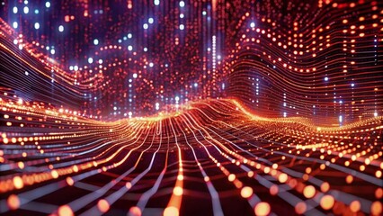 Digital data stream background with binary code and glowing lights