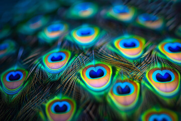 Wall Mural - A close up of a peacock's feathers, showcasing the vibrant colors and intricate patterns. The feathers are arranged in a way that creates a sense of movement and depth. wallpaper of peacock feathers