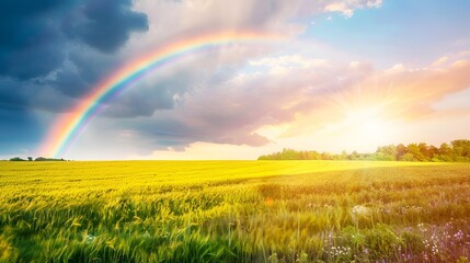  Photo of a rainbow over a field with copy space on the right