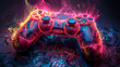 Royal game controller crowned in glory, vibrant swirls of gaming prowess, reign over digital realms