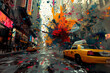 Exaggerated expression, graphic novel art, splashes of color in urban chaos, 3d render