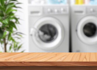 Wood table for display products on blurred laundry room