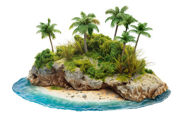 Wall Mural - A small island with a beach and tropical trees isolated on a transparent background. Summer vacation and travel idea concept