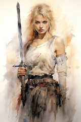 Wall Mural - Beautiful warrior girl in style of combat fantasy. Pencil and watercolor drawing