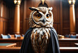 Owl in the prosecutor cloak in the courtroom. Generative AI