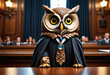 Owl in the prosecutor cloak in the courtroom. Generative AI