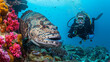 Diver capturing a close-up of a giant grouper fish beside a vibrant coral reef teeming with marine life