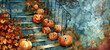 Autumnal scene with Halloween pumpkins on steps, a charming choice for harvest festival designs.