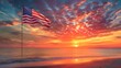 A low angle shot of the flag of United States with the sunset sky in the background, USA flag, cloudy sky in background, Sunrise Behind Backlit American Flag, Ai generated 