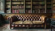 Antique chesterfield sofa in an old library, books surrounding