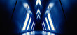 Triangle Glowing Dark Sci Fi Futuristic Led Blue Light Tunnel Corridor Cement Concrete Spaceship Parking Underground Cyber Background Warehouse 3D Rendering