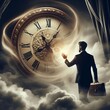 A conceptual image of a man in a suit reaching for a swirling clock vortex amidst clouds, symbolizing control over time.. AI Generation