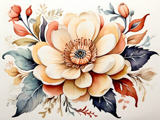 Wall Mural - a folk art flower in detailed watercolor with white background in vintage colors neutrons Claro's Ai generative 