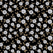 Floral hand drawn doodle black line art roses with golden leaves as seamless botanical pattern on black background for print, wrapper, cards,invitations.
