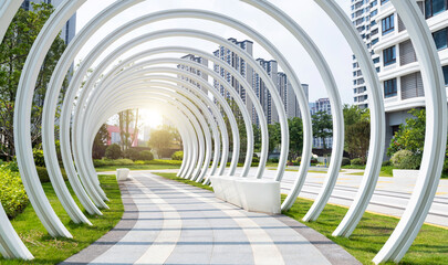 a corridor with an arched frame