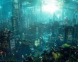 Cityscape, Coral, Underwater, Thriving human settlements under the sea, Submerged skyscrapers, Bioluminescent flora and fauna, Futuristic.