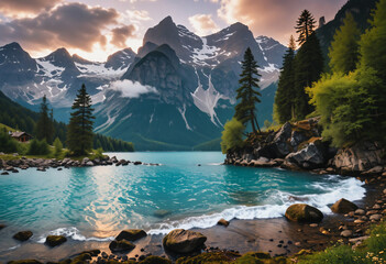 Wall Mural - Mountain landscape with lake. Peaceful landscape with lake surrounded by mountains and trees, high dynamic range