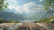 Scenic landscapes viewed from a wooden table top, variety in scenery, 3D render