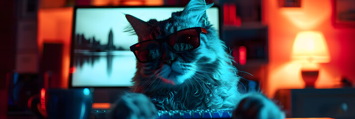 Hacker works in dark room, cat wearing glasses uses computer. Concept of spy, ransomware, cyber technology, hack, vulnerability, scam, fraud and virus