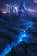 © grey - A cracked land with blue lights glowing from the crack, a city in the background