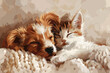 Adorable puppy and kitten cuddling together on soft blanket, friendship concept