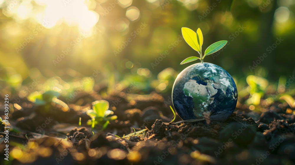 Green forest with the Earth global planet that tree growing from inside, healthy environment background, sustainable environment.