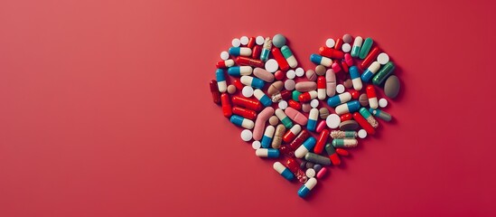 Wall Mural - Assortment of Pills and Capsules Forming a Heart Shape on Red Background