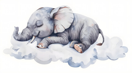 Poster - Cute watercolor hand drawn artwork of an elephant sleeping on a cloud on a white, isolated backdrop. 